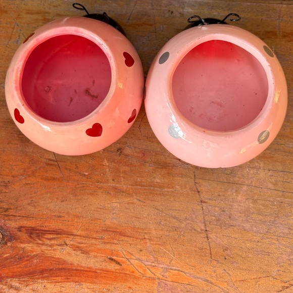 2 Rocket Farms Pink Lovebug Ladybug Mini Planters Silver Polka Dots & Red Hearts - Picture 5 of 9